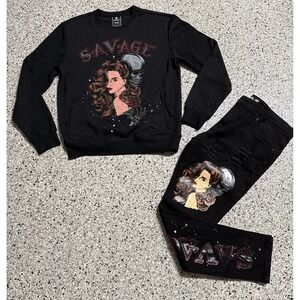 MOTIVE DENIM Black "SAVAGE" Graphic JEANS Size 36/32 & Sweatshirt- Large